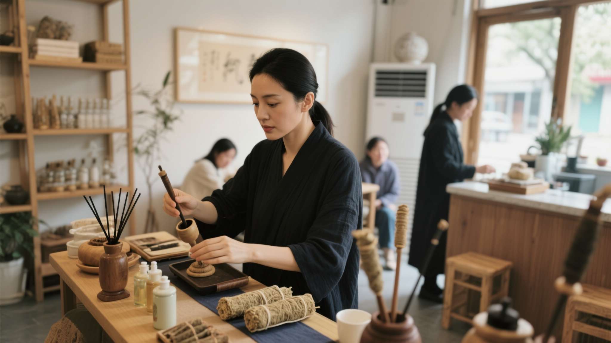 她在视频里分享了日常开店前的准备工作，包括整理艾灸器具、调配香薰、迎接客人等上班